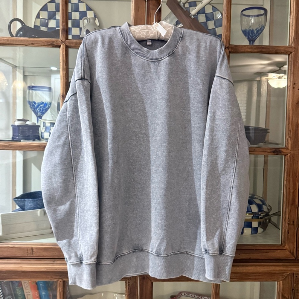 Oversized Acid Wash Crewneck Sweatshirt w Pockets Gray Small - Picture 5 of 10